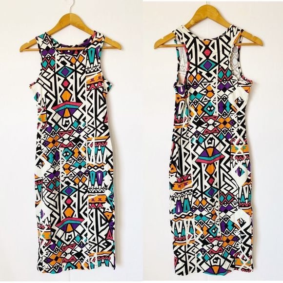 LUST N MUST Tribal Print 90s Multicolored Bodycon Sleeveless Midi Dress - Picture 2 of 7